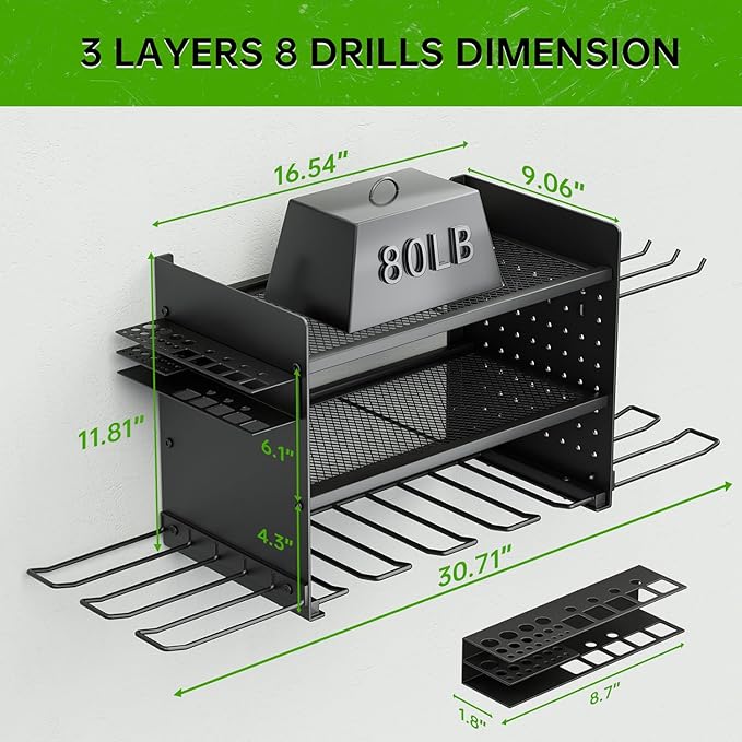 Power Tool Organizer, 3 Layer 8 Drill Holder Wall Mount, Tool Shelf and Storage - Image 5