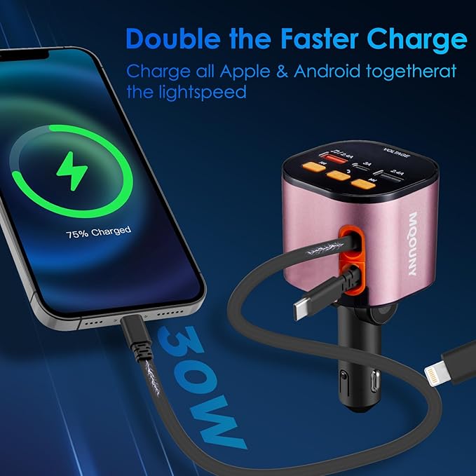 Retractable Car Charger, 5 in 1 Fast Car Phone Charger 90W, Handsfree Call - Image 3