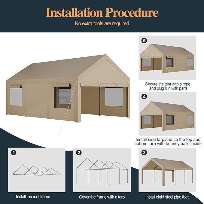 Shintenchi Carport 10' x 20' Heavy Duty Portable Garage, Car Port Canopy - Image 6