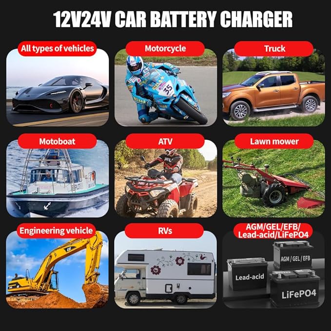 20-Amp Car Battery Charger, 12V/20A and 24V/10A LiFePO4, Lead-Acid Automatic - Image 8