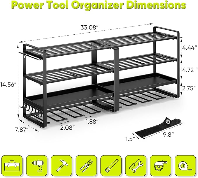 33" W Large Power Tool Organizer Wall Mount Loads 400 lbs, Heavy Duty 8 Drills - Image 6
