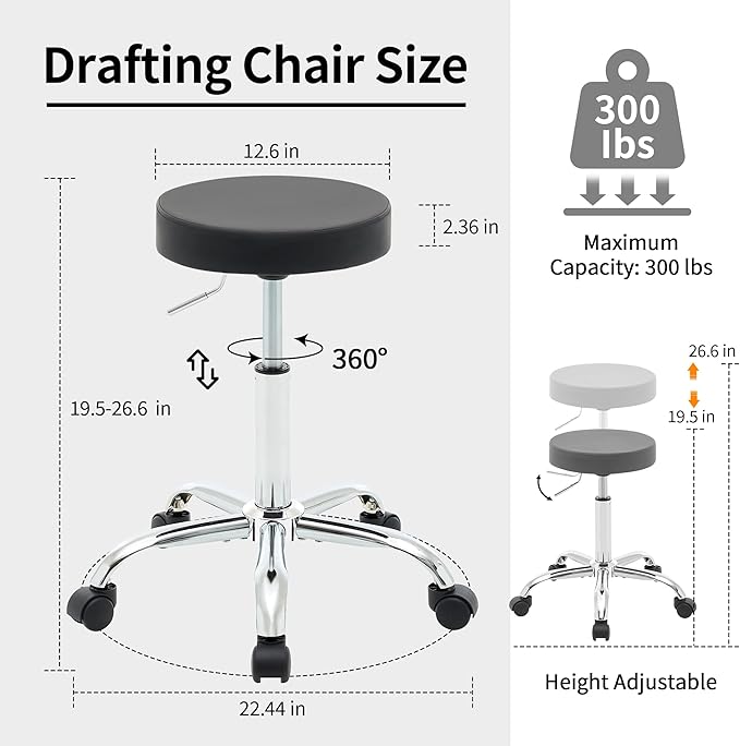 Rolling Office Stools, Adjustable Drafting Stool on Wheels 19.5’’-26.6’’ - Image 2