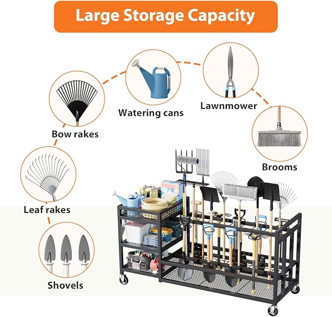 Garden Tool Organizer with Wheels-Movable Garden Tool Rack with Storage Hooks - Image 3