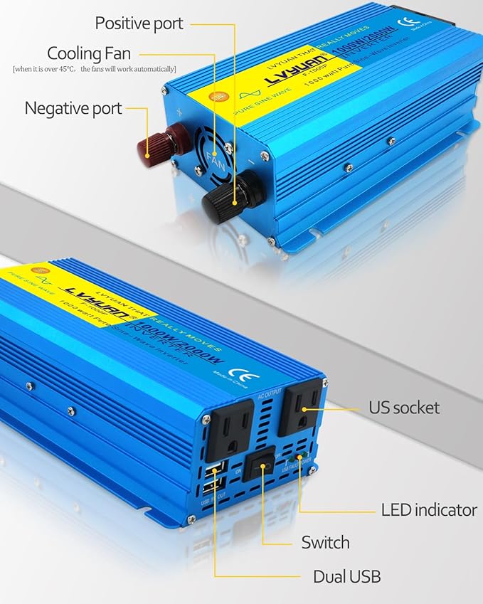 LVYUAN 1000 Watt Pure Sine Wave Inverter 24V to 110V / 120V DC to AC - Image 2