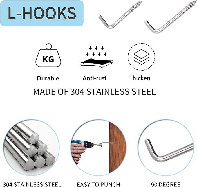 304 Stainless Steel M5 Screw-in Hooks 60 Pcs, 7 Shape Screw Hooks, Right Angle - Image 3