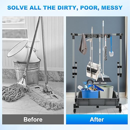 Broom and Mop Holder Freestanding Mobile Cleaning Tool Storage Rack, Floor - Image 2
