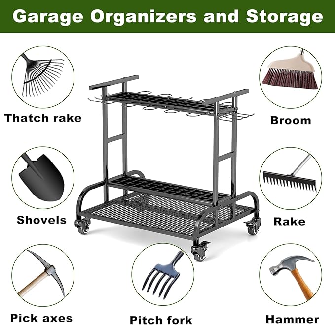Garden Tool Organizer with Wheels, Large Capacity Garage Tool Rack with Hooks - Image 5