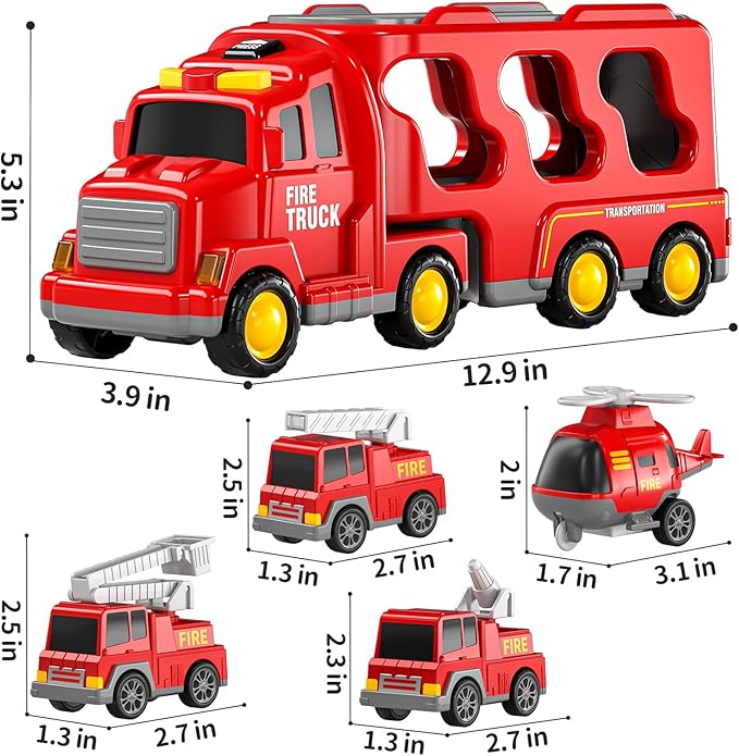 TEMI Fire Toys for 3 4 5 6 Years Old Boys Girls - 5 in 1 Carrier Truck - Image 2