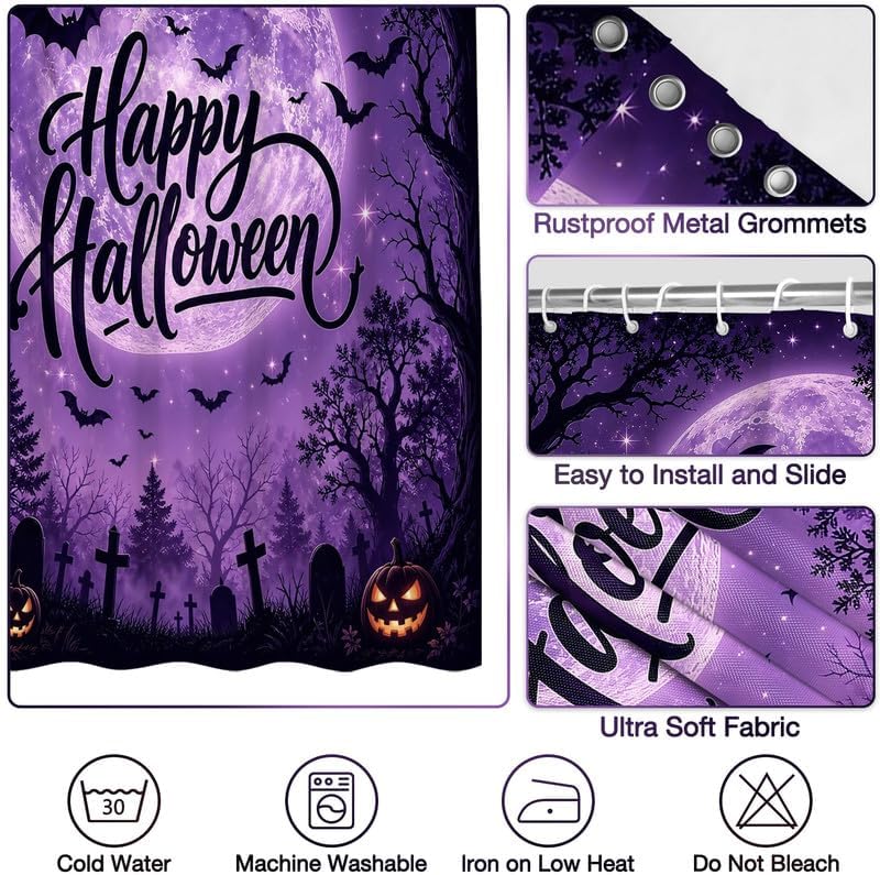 Spooky Halloween Shower Curtain Full Moon Horror Forest Scary Pumpkin Bathtub Curtains for Bathroom Halloween Home Decor with 10 Hooks, 60x72 Inch - Image 4