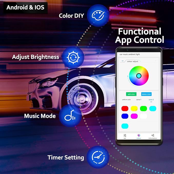 Dreamcolor Acrylic Interior Car Lights, 2 Piece 43.3inch/110cm 128 Colorful Car - Image 4