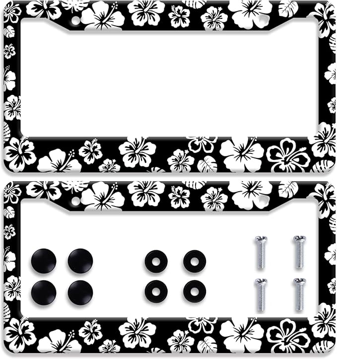 【2Pcs】 White Hibiscus Hawaii License Plate Frames Round Hole Personalise by Omw2fyb