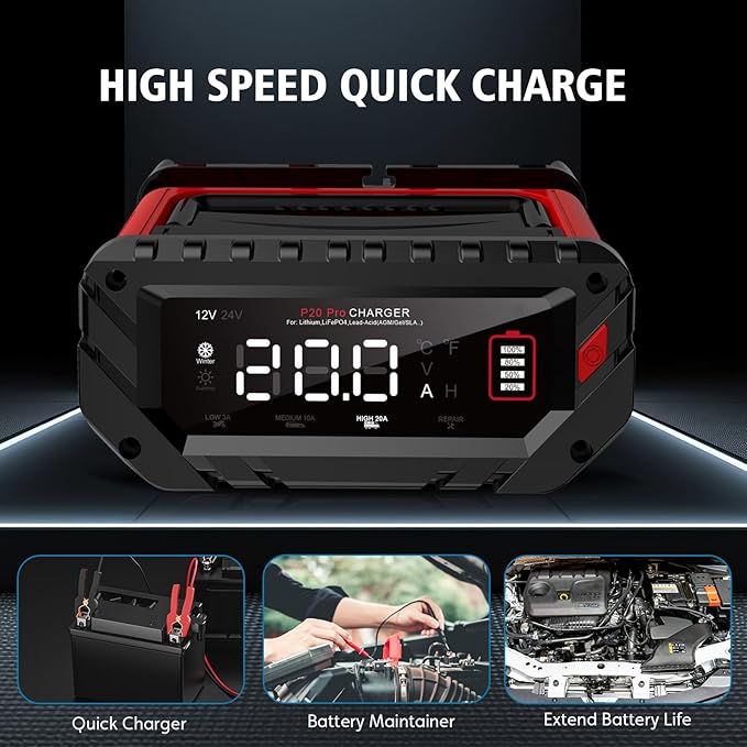 20-Amp Car Battery Charger, 12V/24V Smart Automotive Charger, Battery Maintainer - Image 9