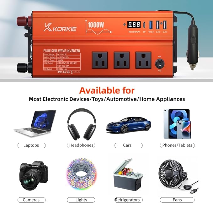 1000W Pure Sine Wave Inverter, Car Power Inverter, 12V DC to 110V AC Power - Image 4