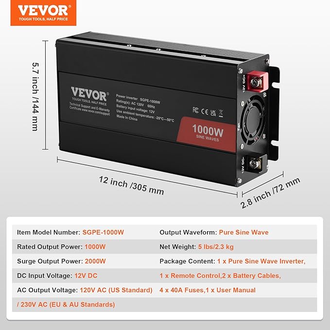 VEVOR 1000W Pure Sine Wave Inverter, DC 12V to AC 120V Power Inverter - Image 7