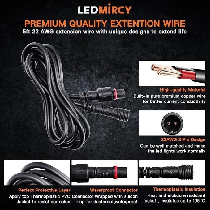 LED Rock Lights Extension Cable Wire Cord 2Pin Waterproof 4PCS 5ft 22AWG - Image 4