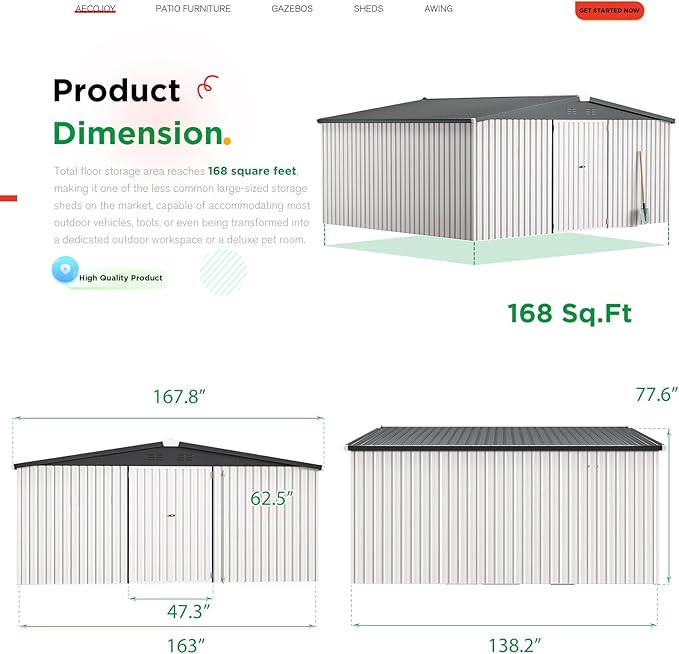 AECOJOY 14' x 12' Outdoor Storage Shed, Large 12x14 Metal Sheds & Outdoor - Image 5