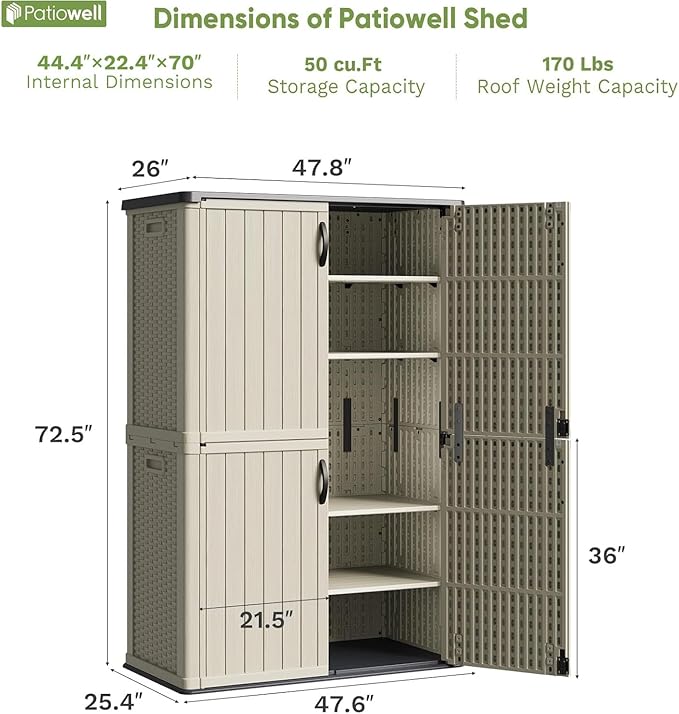 Patiowell 50 cu.ft Plastic Outdoor Storage Shed, Lockable Waterproof Resin - Image 4