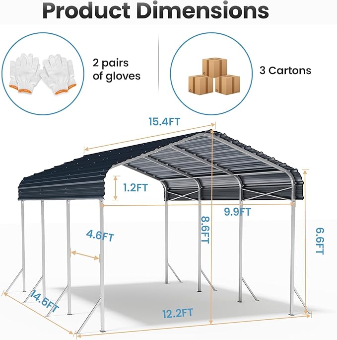 10x15ft Heavy Duty Metal Carport – Outdoor Galvanized Garage, Sturdy Structure - Image 8
