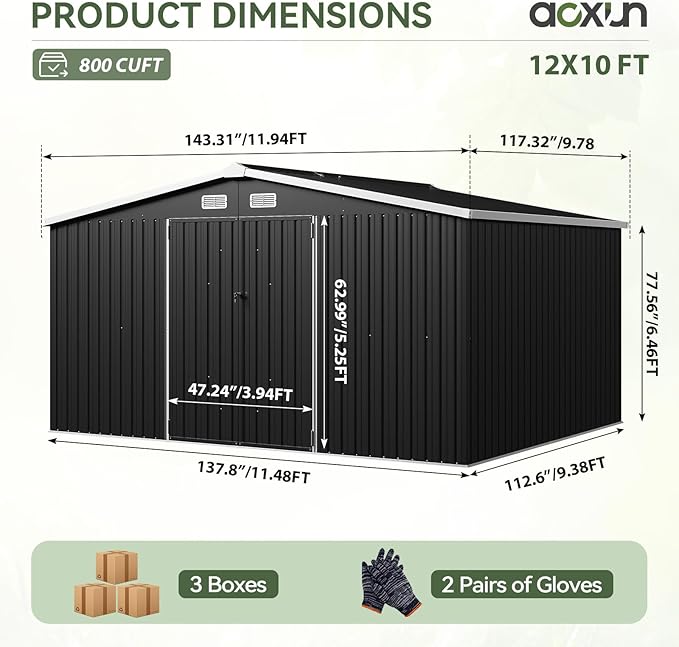 Aoxun 12x10 FT Shed Metal Outdoor Waterproof Storage Shed Steel Utility Garden - Image 2
