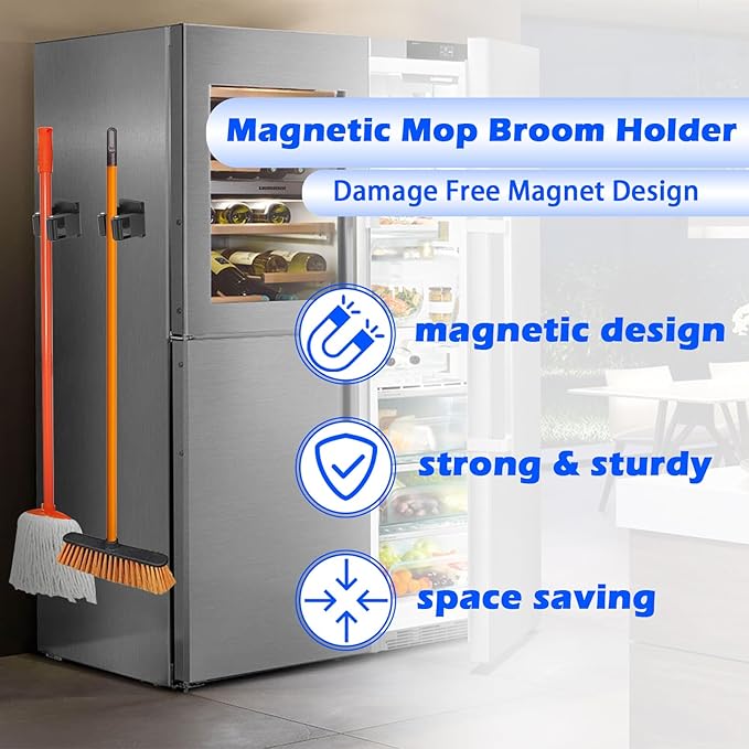 Strong Magnetic Mop Broom Holder, 2 Pack Heavy Duty Magnetic Mop Hanger - Image 2