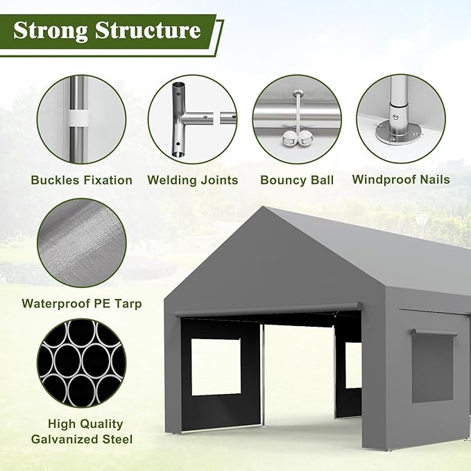 13x20 FT Heavy Duty Carport, Oversized Portable Garage - Image 3