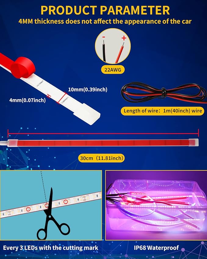 Pink Led Strip Lights, 12V Interior Light Strip IP68 Waterproof Cuttable - Image 2