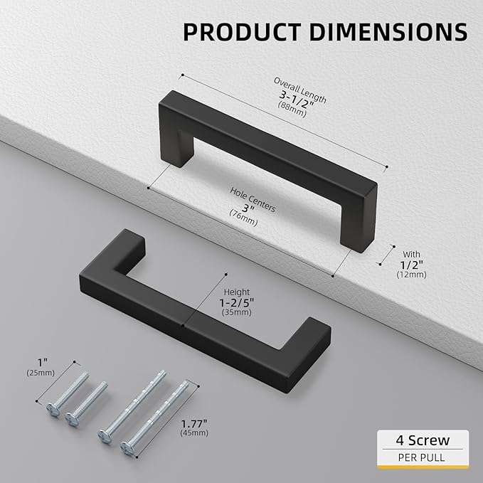 goldenwarm 3 Inch 150 Pack Matte Black Flat Square Bar Kitchen Hardware Closet - Image 2