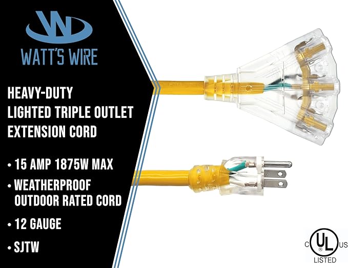 2 ft - 12 Gauge Heavy Duty Extension Cord - 3 Outlet Lighted SJTW - - Image 2
