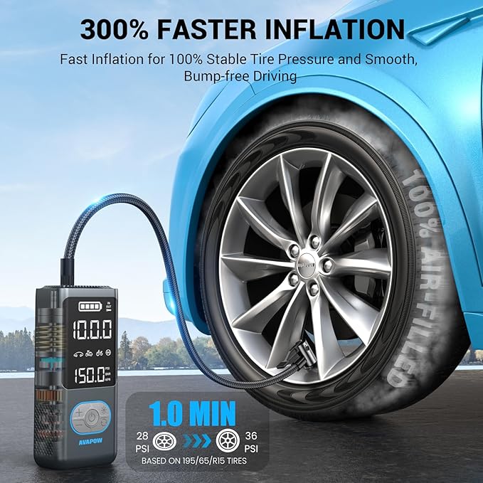AVAPOW AP18 Tire Inflator Portable Air Compressor, 300% Faster 150 PSI Cordless - Image 2