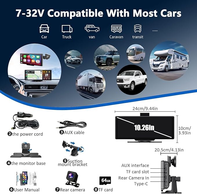 Wireless Carplay Screen for Car, 10.26" HD Touchscreen - Image 7