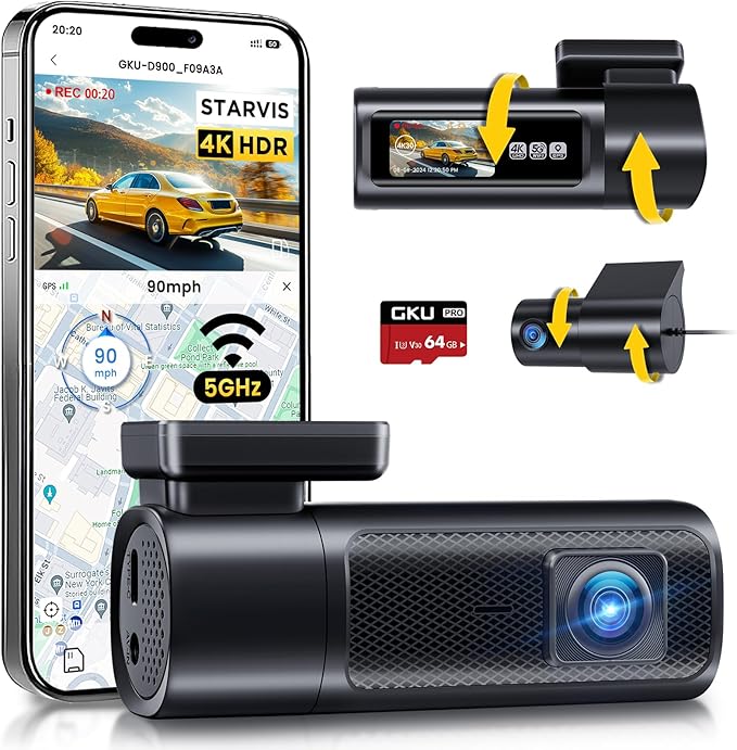 GKU Dash Cam Front and Rear, 4K 60fps＋2.5K Dashcam, STARVIS Sensor, 5G WiFi GPS by GKUdashcam