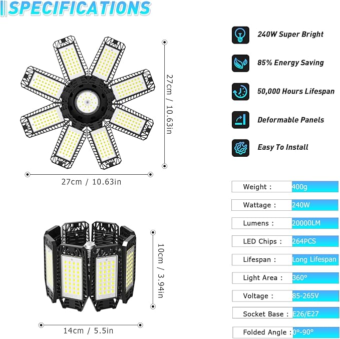 Garage Light 2 Pack - 240W 24000LM 6500K Garage Lights Ceiling LED - Image 4