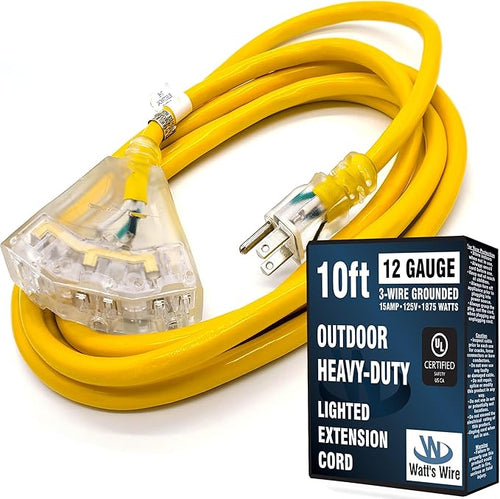 10 ft - 12 Gauge Heavy Duty Extension Cord - 3 Outlet Lighted SJTW - by WattsWire
