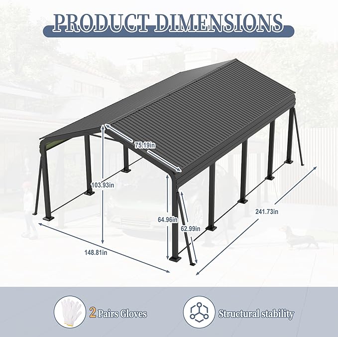 12x20 FT Metal Carport, Heavy Duty Car Port Canopy - Image 6