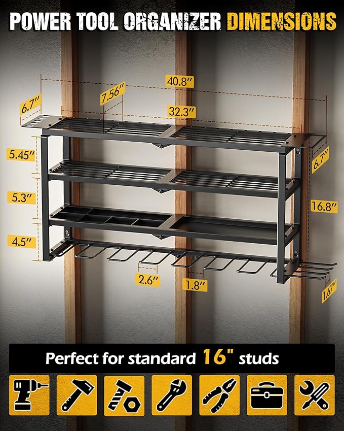 MAXIFFE 4 Layer Power Tool Organizer, 9 Drill Holder Heavy Duty Metal Wall - Image 6