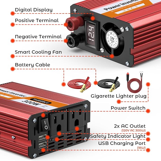 300W Power Inverter DC 12V to 110V AC Car Inverter - Image 7