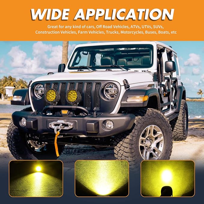YCHOW-TECH 2PCS 4 Inch LED Amber Fog Lights 90W Yellow Round Offroad Light Bar - Image 6