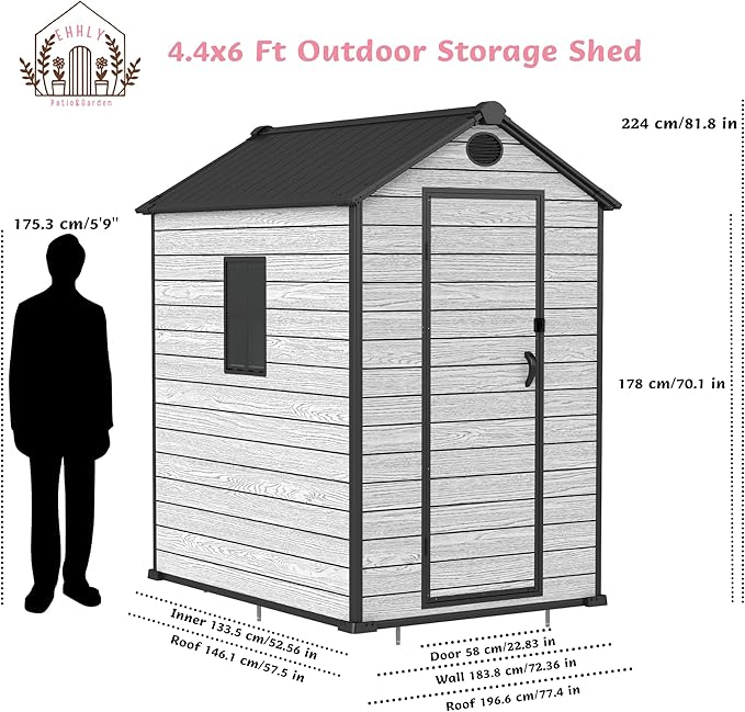 4.4x6 FT Resin Outdoor Storage Shed Large, 230 Cuft Garden Tool Sheds & Outdoor - Image 4