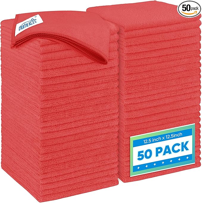 HOMEXCEL Red Microfiber Cleaning Cloth 50 Pack, 12.5 x 12.5 inch Microfiber by HOMEXCEL