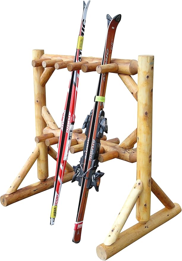 11-Place Freestanding Log Ski Rack Holder, Indoor & Outdoor Snowboard Racks by LogKayakRack