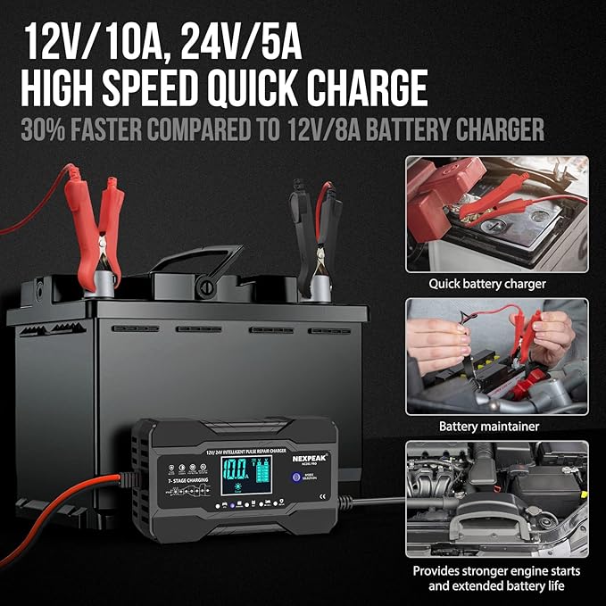 NEXPEAK 10-Amp Car Battery Charger, 12V and 24V Smart Fully Automatic Battery - Image 2