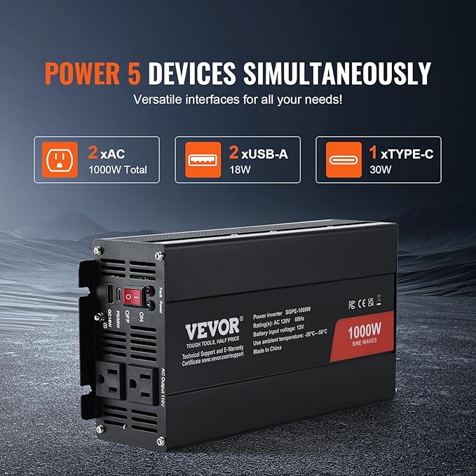 VEVOR 1000W Pure Sine Wave Inverter, DC 12V to AC 120V Power Inverter - Image 4