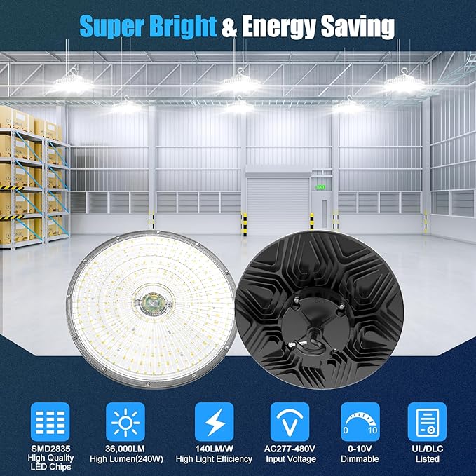 480V High Bay LED Lights 240W 36000LM UL DLC Listed 0-10V Dimmable UFO High Bay - Image 2