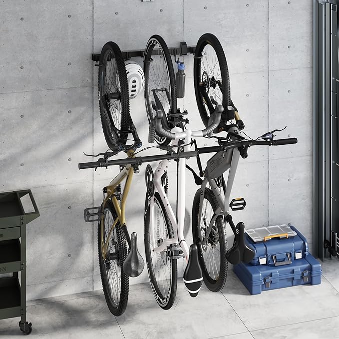 monTEK Enhanced Bike Storage Rack, Adjustable 3-Bike and 2-Helmet Hangers - Image 9