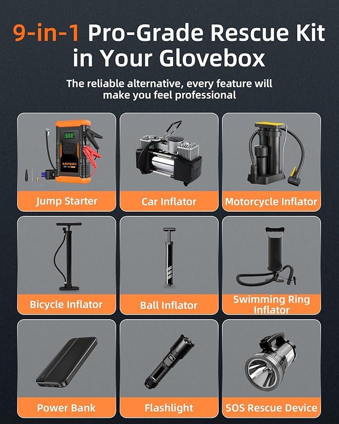ASPERX Jump Starter with Air Compressor, 【Upgrade & Safety Certs】10L Gas/8L - Image 8