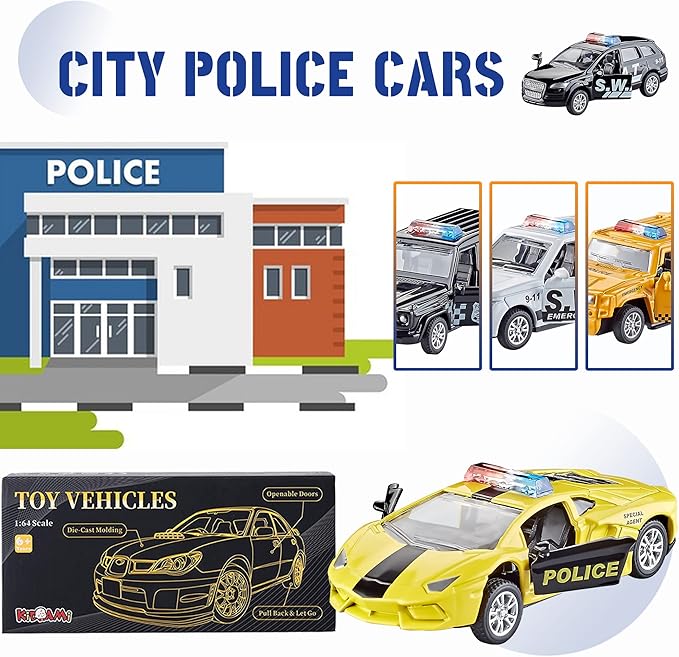 KIDAMI Die Cast Metal Little Toy Cars Set of 5, Openable Doors Pull Back Car - Image 3