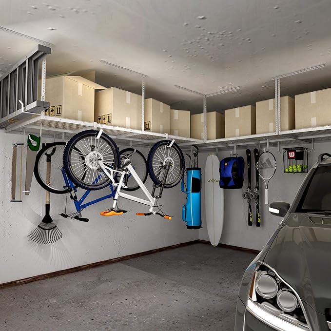 FLEXIMOUNTS 2-Piece Overhead Garage Storage Rack Set w/Hooks Adjustable Ceiling - Image 2
