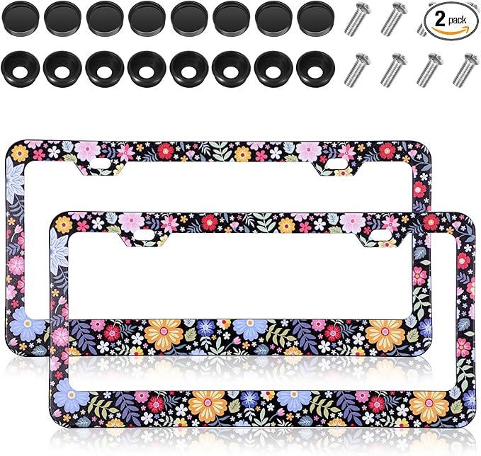 Flower License Plate Frame 2 Pcs Personalized Colorful Floral License Plate by Yolev