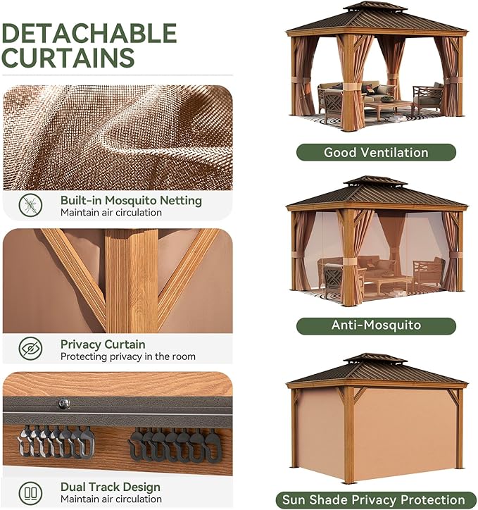 Aoxun 10' x 12' Hardtop Gazebo, Wooden Finish Coated Aluminum Frame Canopy - Image 8