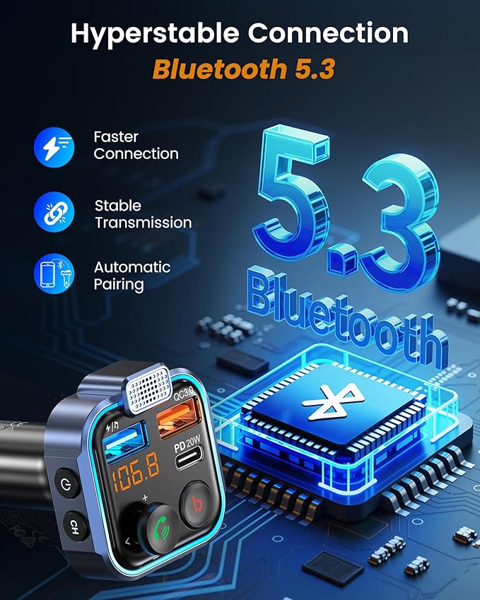LENCENT FM Transmitter in-Car Adapter, Type-C PD 20W+ QC3.0 Fast USB Charger - Image 4